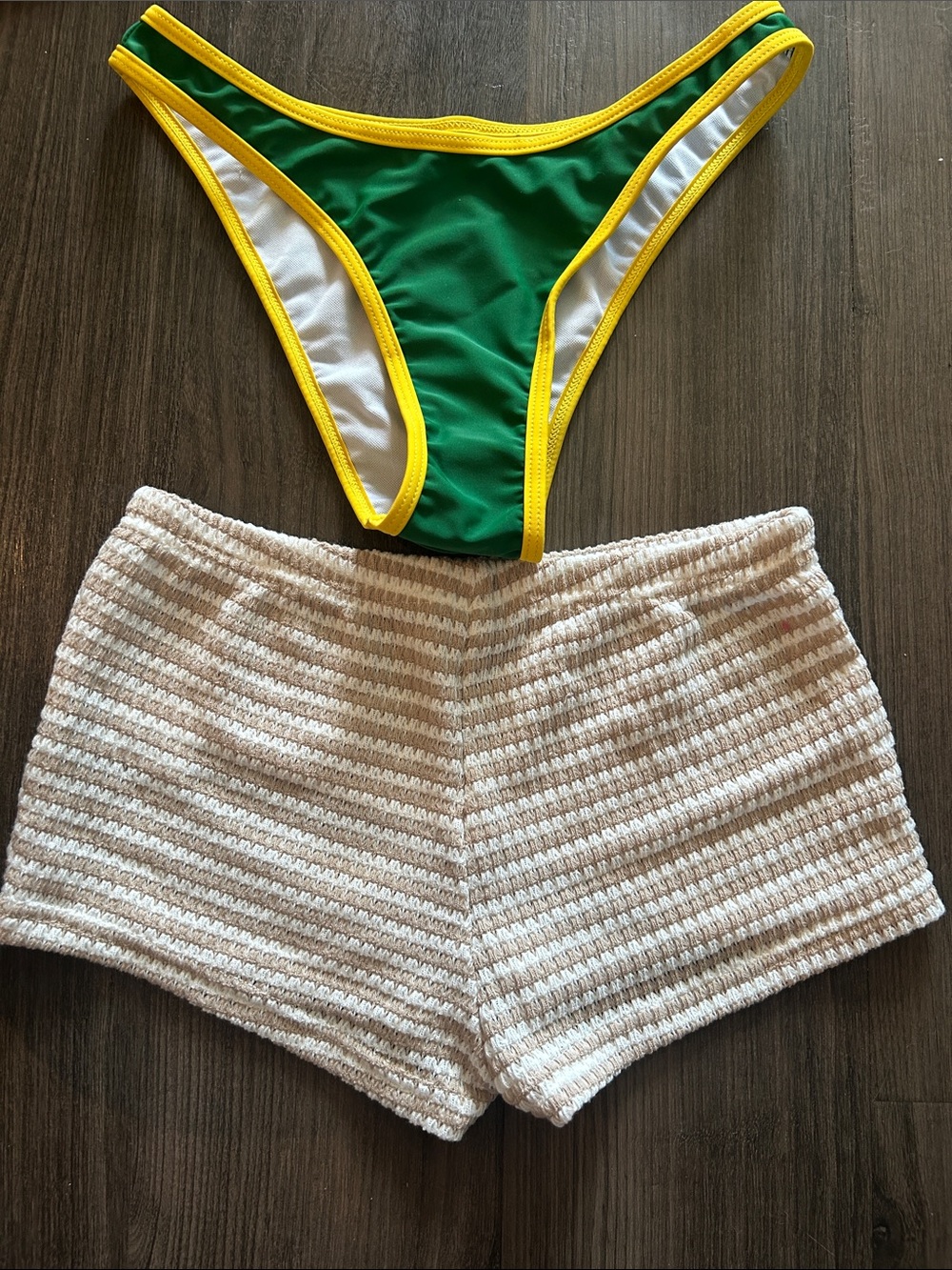 Bundle Green & Yellow Bikini Bottom with Cream Knit Shorts Set
